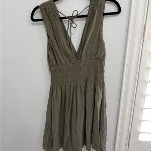 Olive Green V-Neck Smocked Waist Maxi Romper
